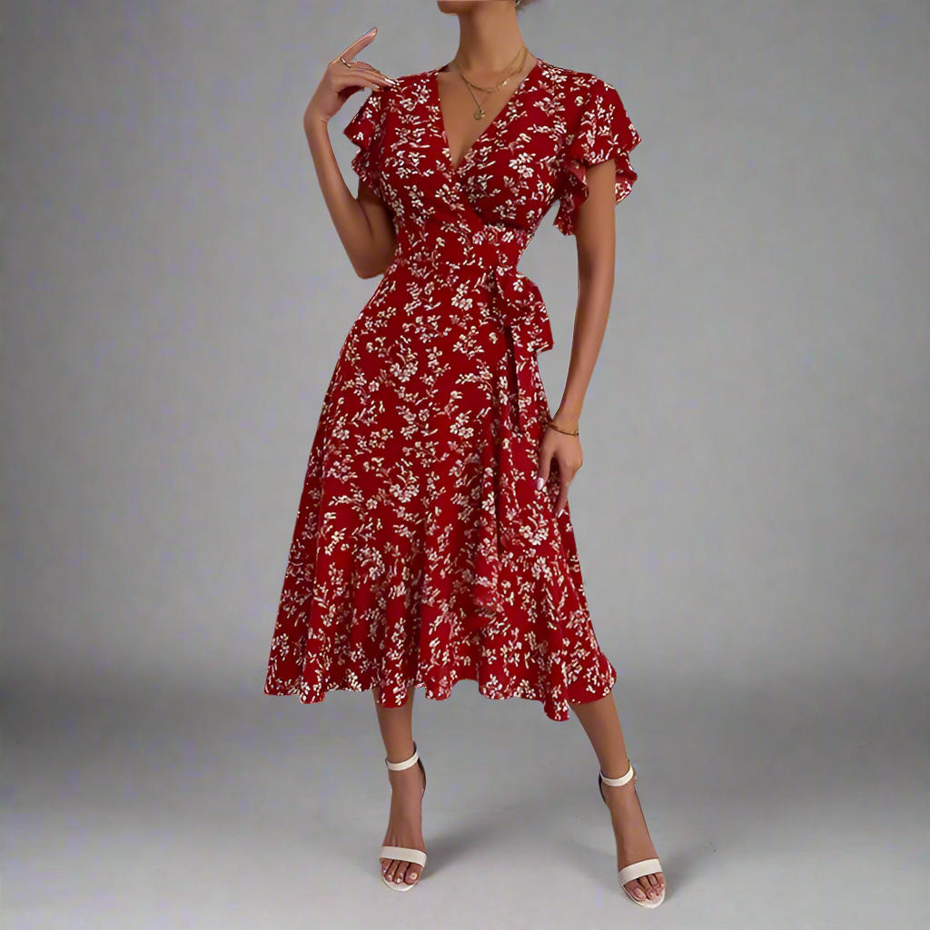Floral Print Butterfly Sleeve Knot Side Dress