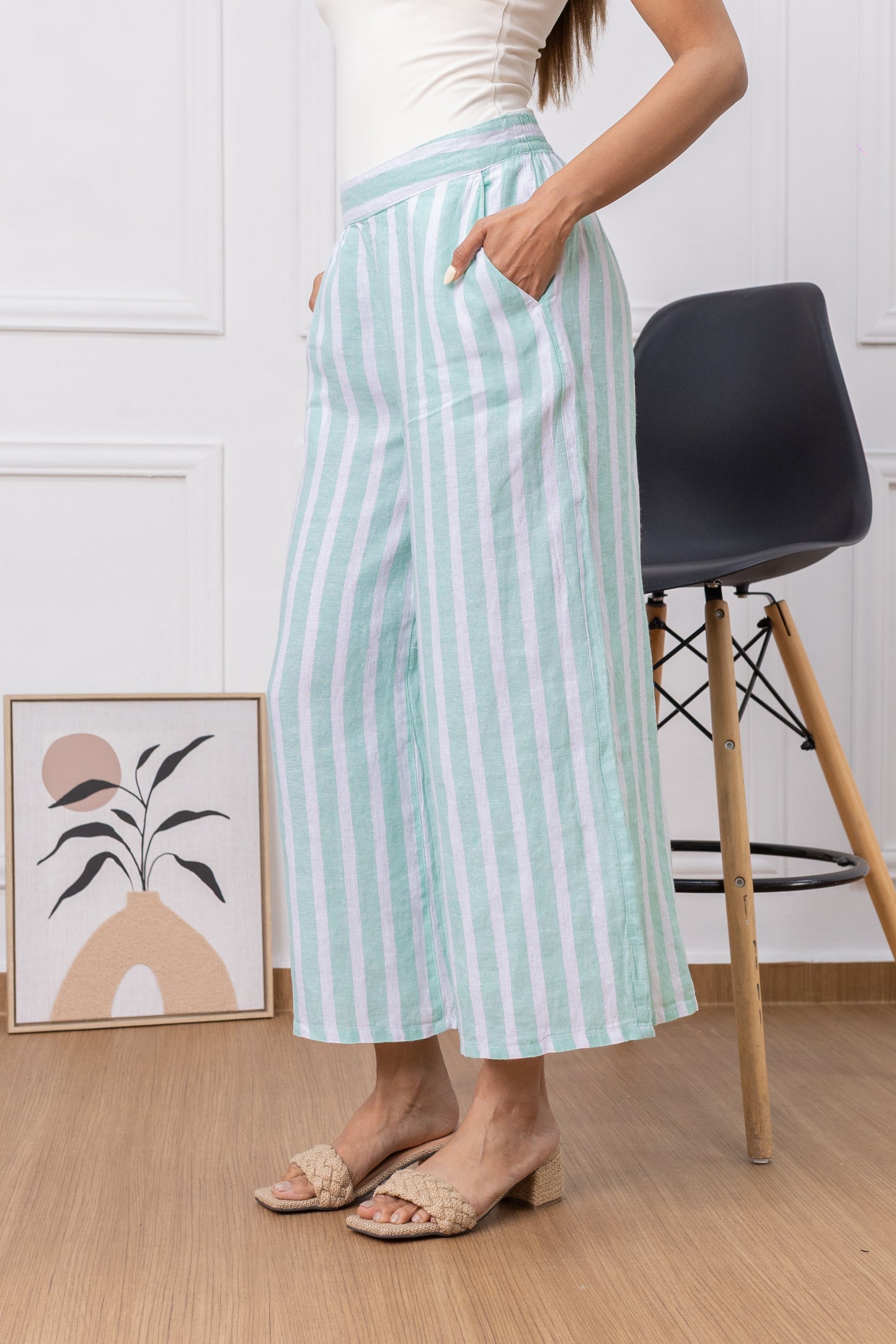 Mint Breeze Stripes- Palazzo 100% Lino