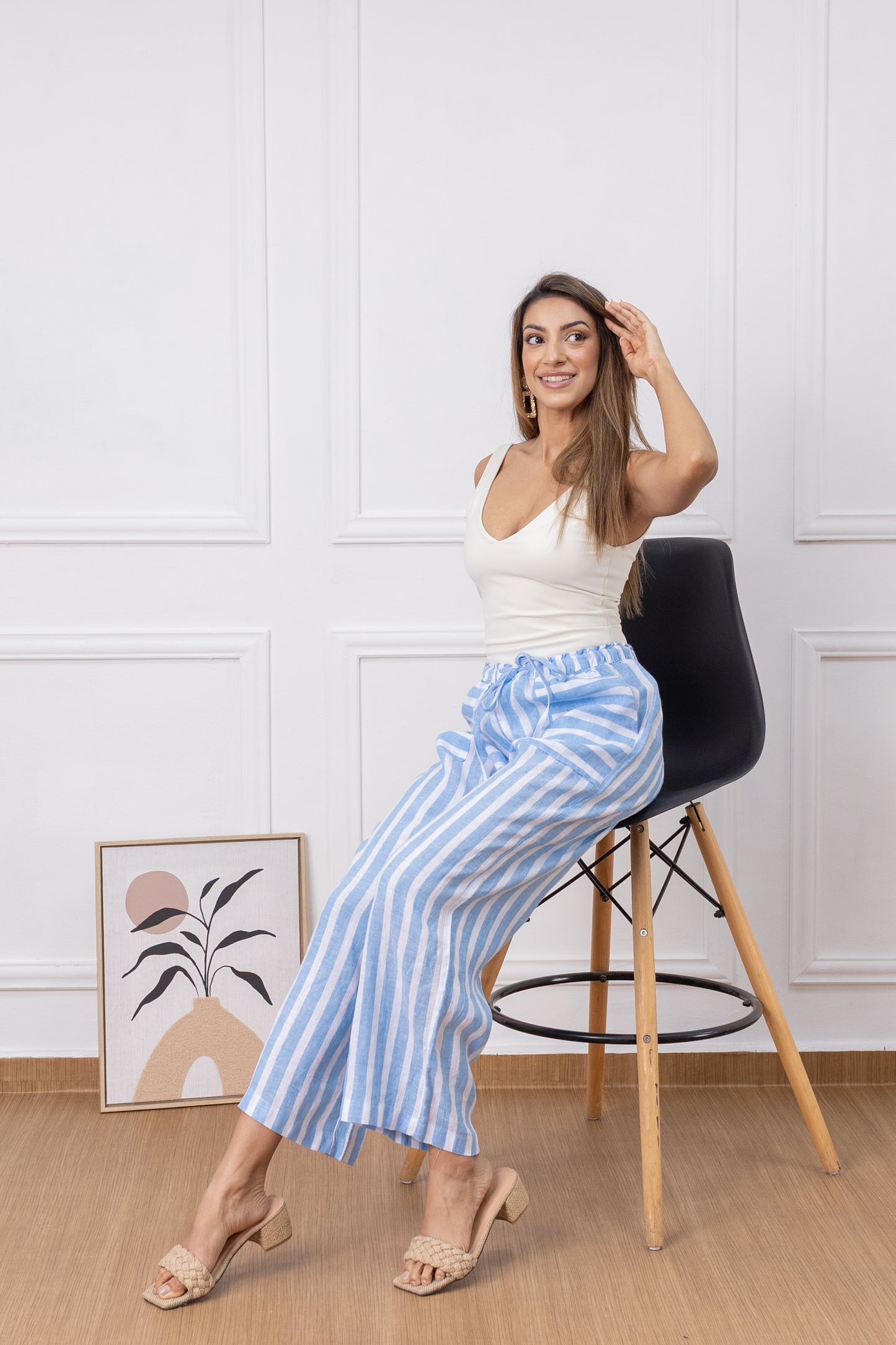 Sky Blue Breeze Stripes- Palazzo 100% Lino
