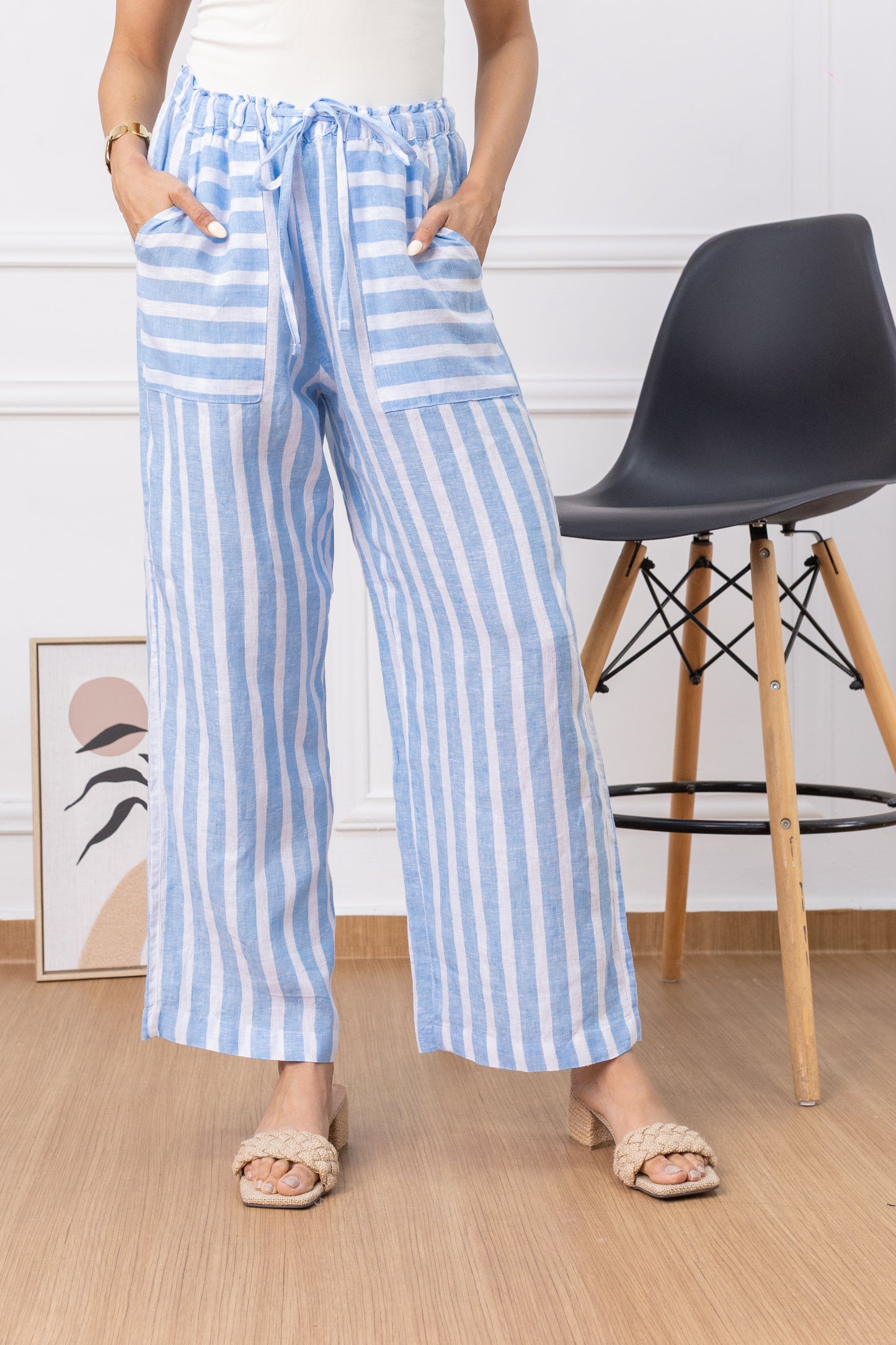 Sky Blue Breeze Stripes- Palazzo 100% Lino
