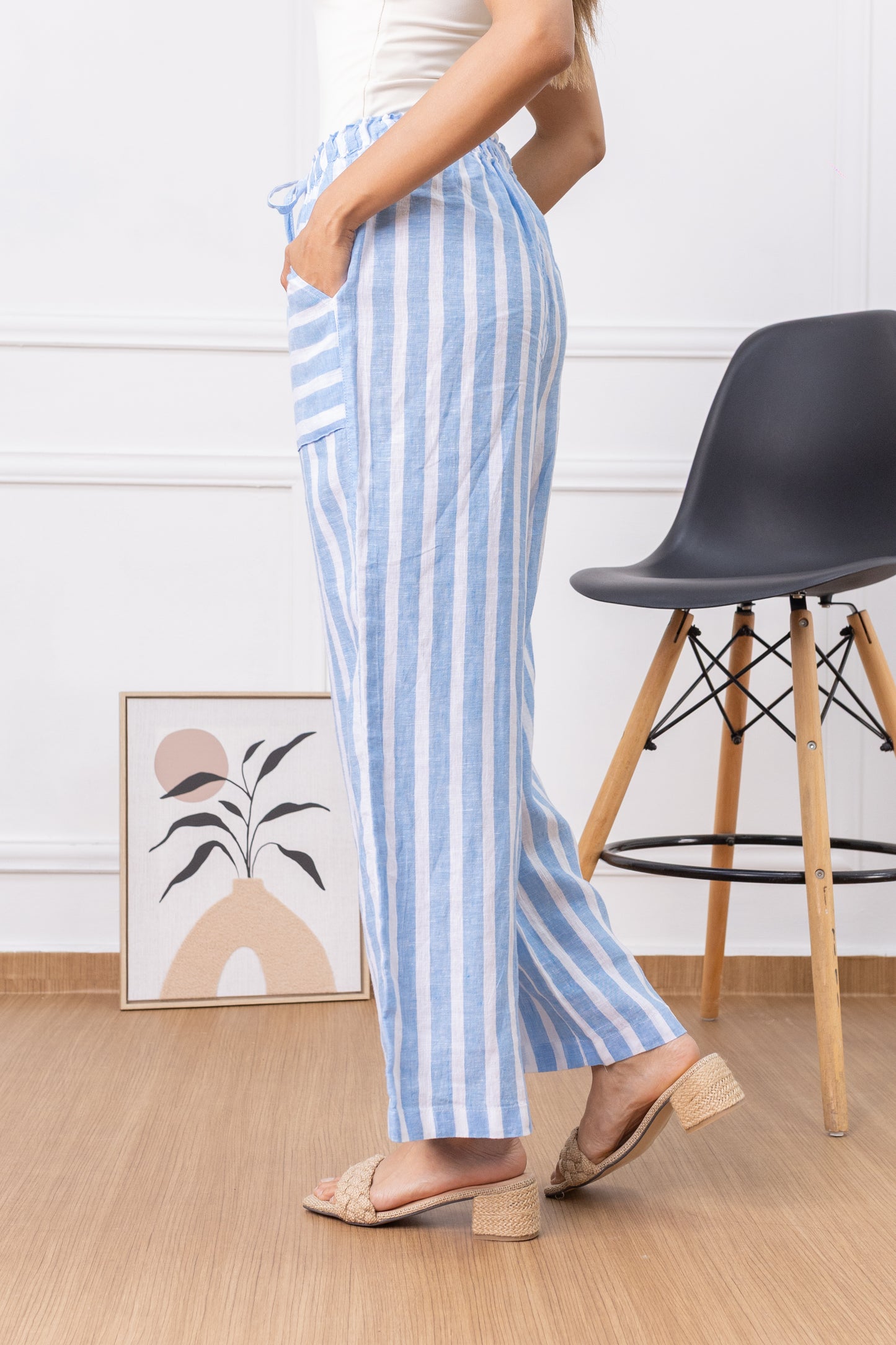 Sky Blue Breeze Stripes- Palazzo 100% Lino