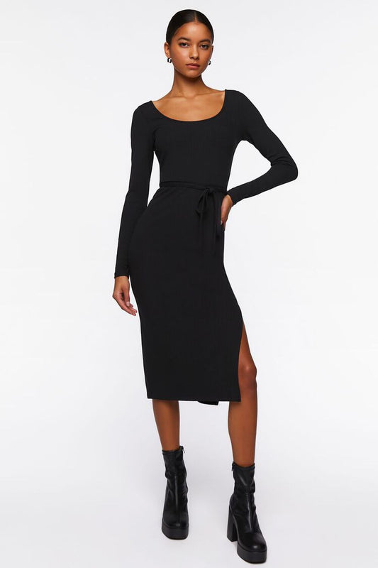 Viscose Black Tie-Waist Slit Midi Dress