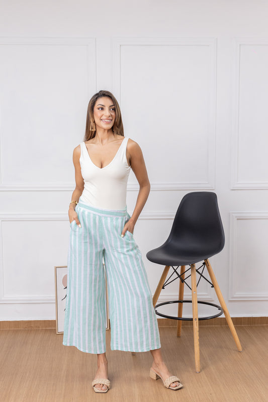 Mint Breeze Stripes- Palazzo 100% Lino