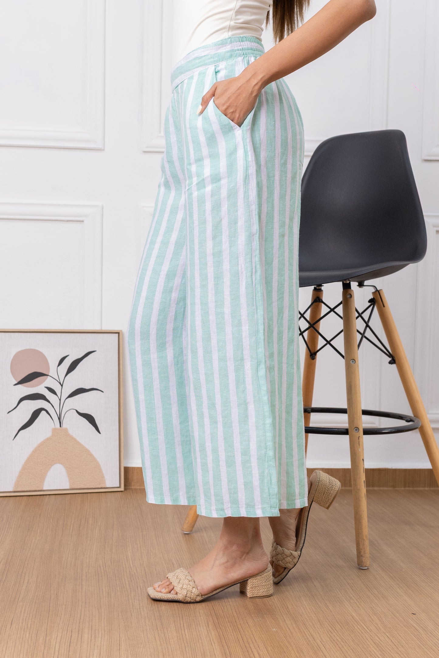 Mint Breeze Stripes- Palazzo 100% Lino